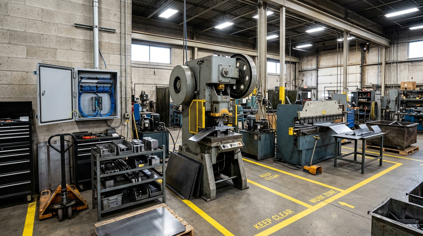 Managed IT Services for Manufacturers in Butler, metal fabrication and stamping shop floor with press brake and a wall-mounted IT/OT network cabinet