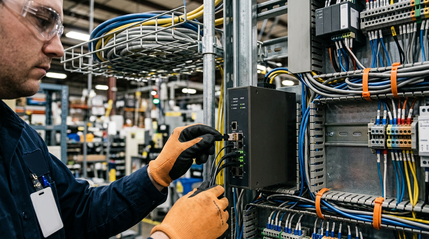 Technician hands connecting a fiber patch cable on a manufacturing network in Cudahy
