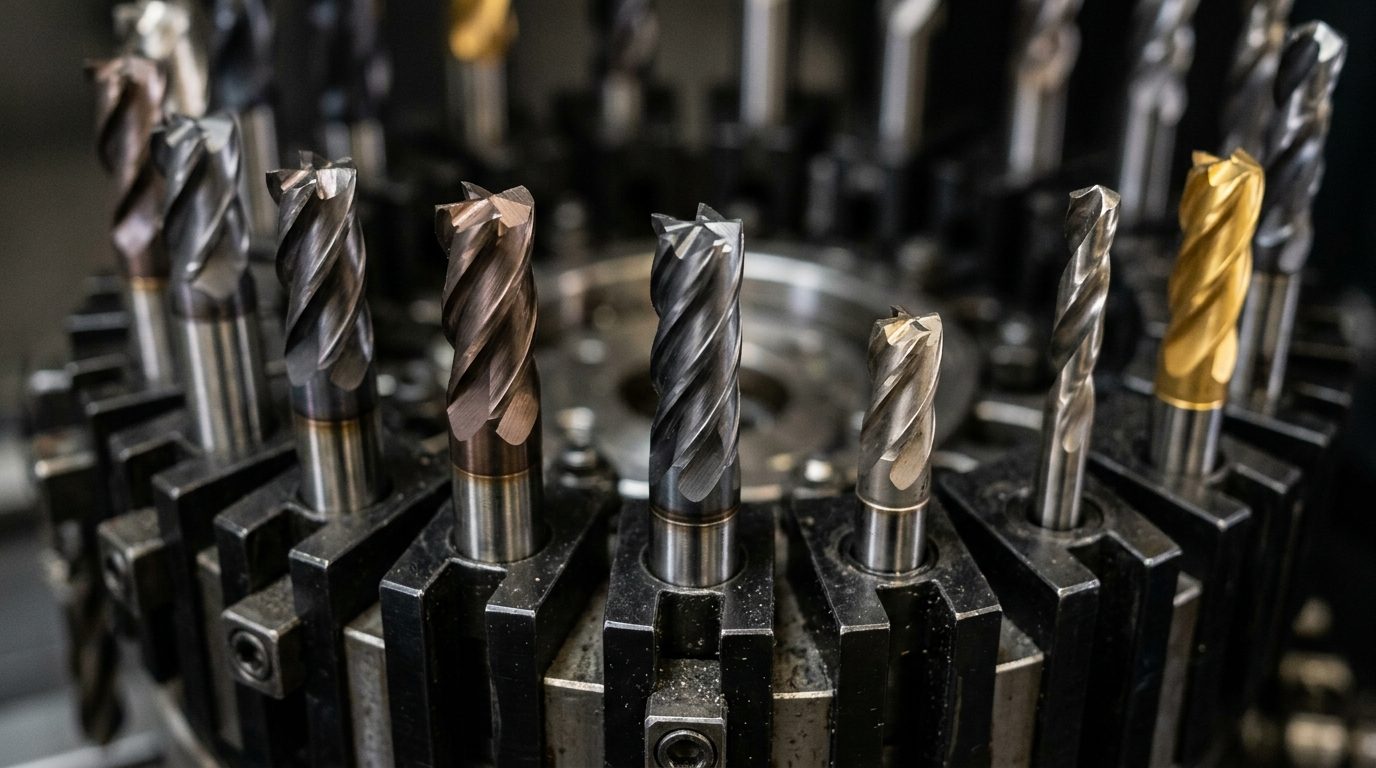 Precision carbide end mills in CNC tool carousel, Managed IT Services for Manufacturers in Muskego