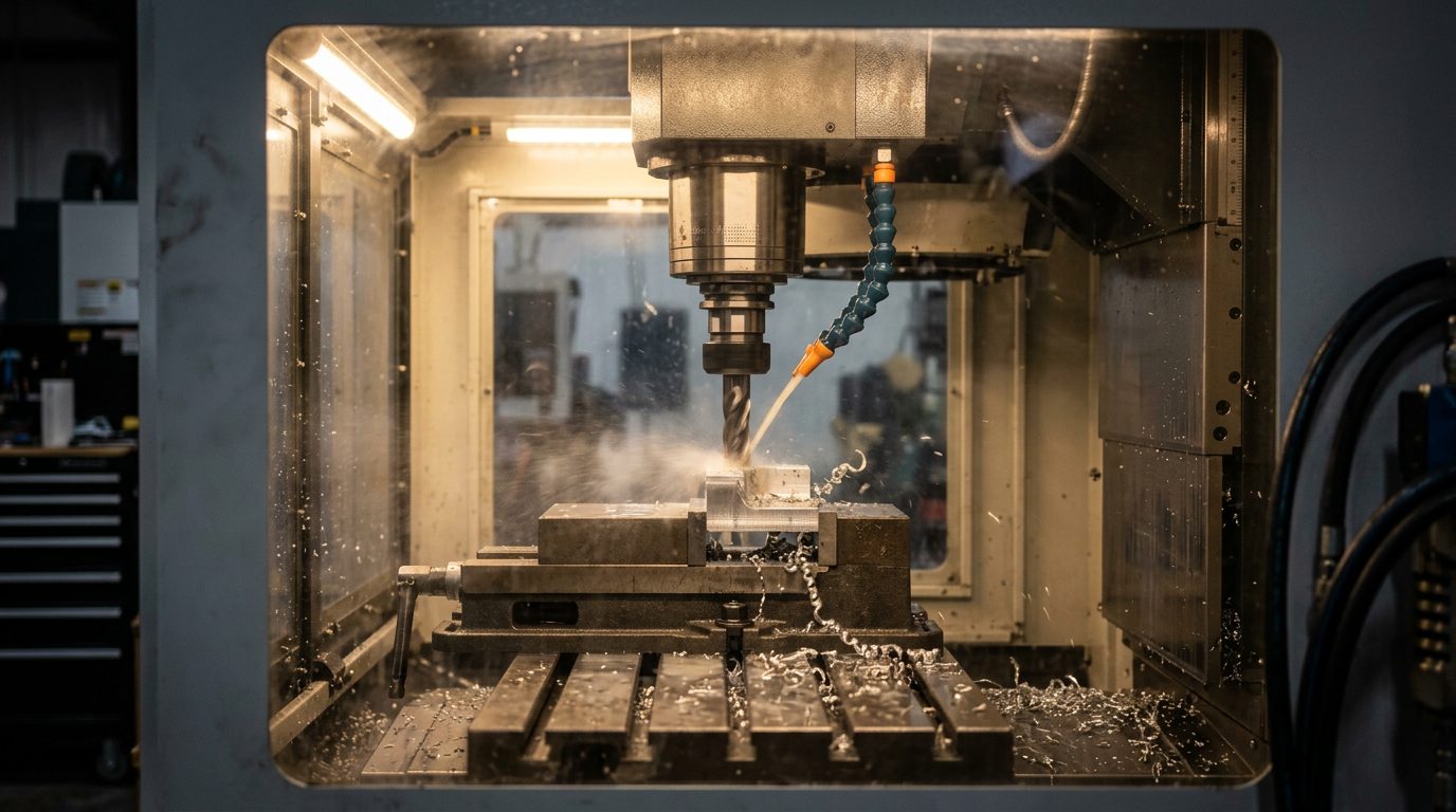 CNC machining inside enclosure, aluminum billet with carbide end mill, coolant mist, Machine enclosure interior, Managed IT Services for Manufacturers in New Berlin