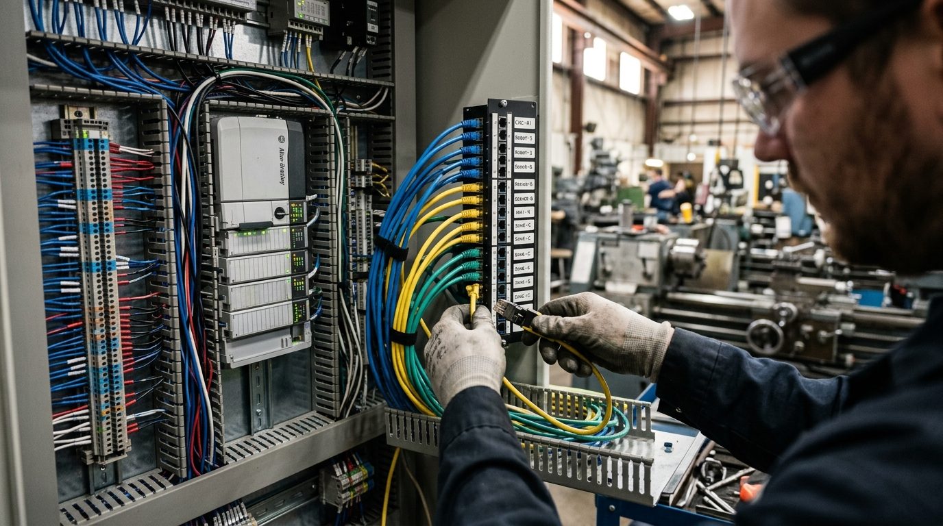 Technician hands on patch panel DIN rail connections, network cabling, Managed IT Services for Manufacturers in New Berlin
