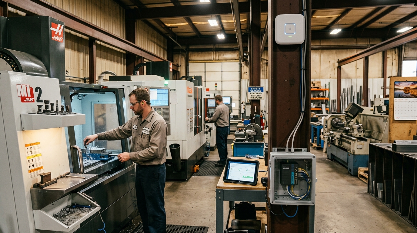 South Milwaukee manufacturing floor showing CNC machining centers with IT monitoring infrastructure — Managed IT Services for Manufacturers in South Milwaukee